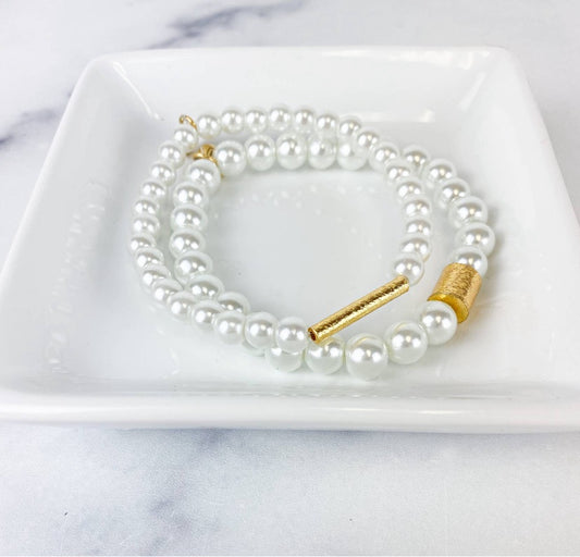 Pearl with Gold Barrel Bracelet