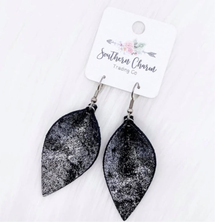 Black Silver Shimmer Petal Earrings